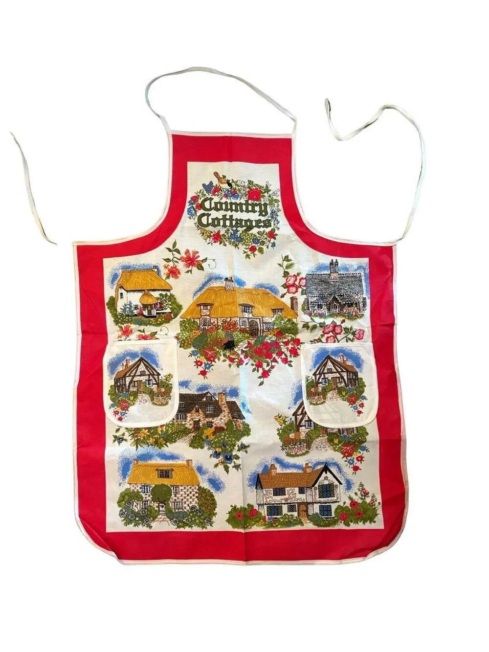 New Vintage MCM Country Cottage Cotton Bib Apron English Country Scene